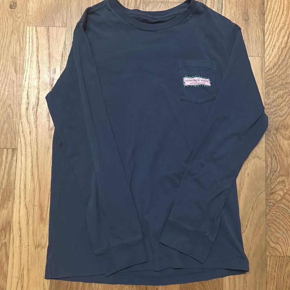 Vineyard Vines Youth Small Blue Long Sleeve Pocket T-Shirt Holiday Logo Cotton